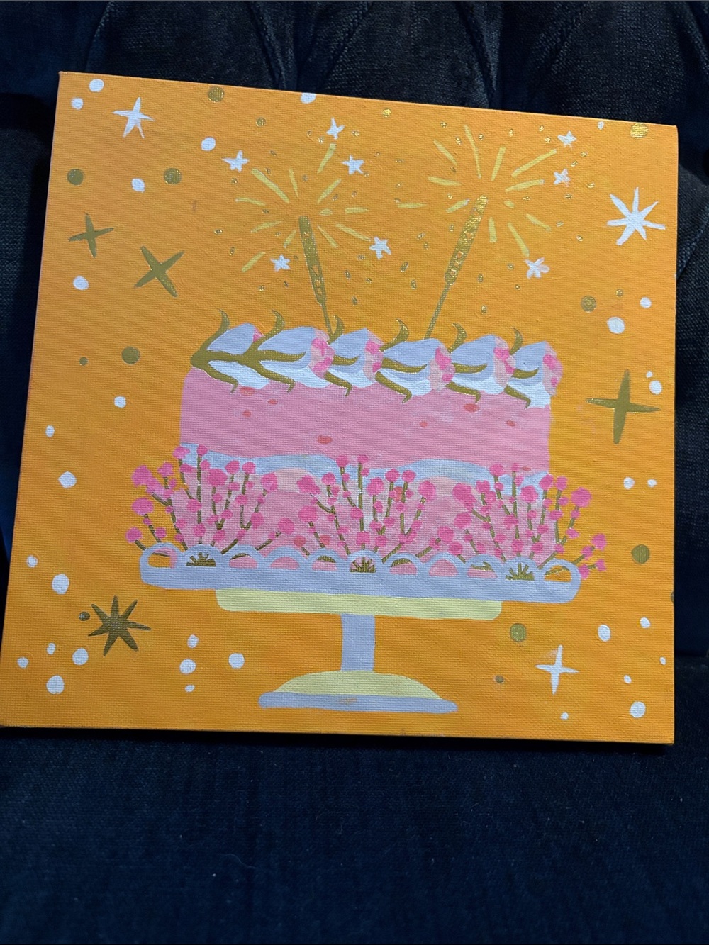 Pink Celebration Cake Painting on Orange Background